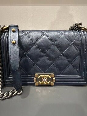 CHANEL Quilted Leather Boy Crossbody in Navy with Gold Hardware